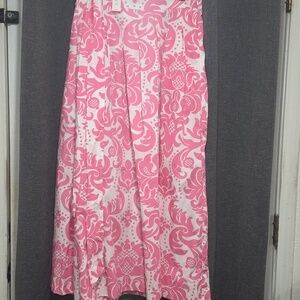 Talbots Pink and White Maxi Skirt with Floral Scroll Print